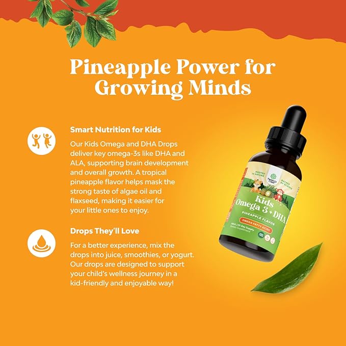 Liquid Omega 3 EPA DHA for Kids - Organic Vegan Omega 3 for Kids Brain Eye and Full Body Development with Vegan DHA EPA & ALA - Kids Omega 3 Liquid Supplement with Algae & Flaxseed Oil Liquid 2 Fl Oz