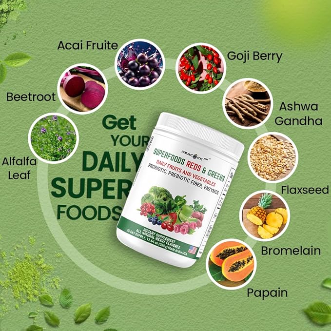 Superfood Reds & Greens Powder - 11.64 oz, Pack of 2, Prebiotics & Probiotics for Digestive Health, Super Greens Powder with Ashwagandha for Gut Health, Immunity, Antioxidants, Vegan