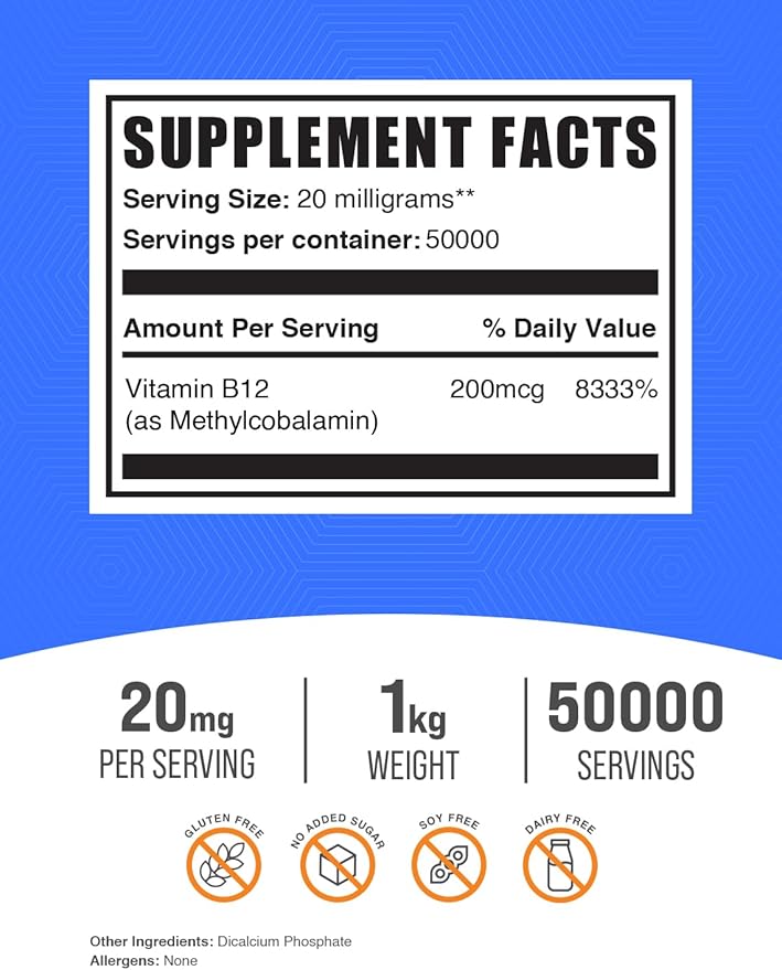 BulkSupplements.com Vitamin B12 Methylcobalamin Powder - 1% B12 Methylcobalamin, Essential B Vitamin - B12 Supplement, Gluten Free, 20mg per Serving, 1kg (2.2 lbs) (Pack of 1)