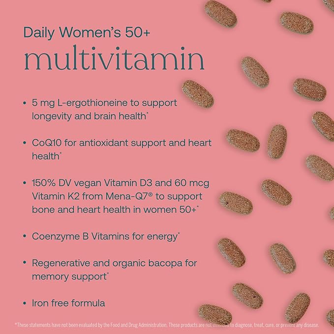 True Grace Daily Women’s Multivitamin 50+ - 120 Easy-to-Swallow Tablets - Immune, Energy, Longevity & Memory Support - Gluten Free, Soy Free, Iron Free, Vegan - 60 Servings