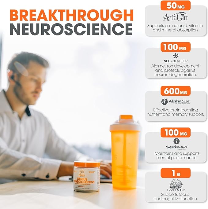Genius Consciousness, Super Nootropic Brain Supplement Powder, Mango - Boost Focus, Cognitive Function, Concentration & Memory Booster - Alpha GPC & Lions Mane Mushroom for Neuro Energy & IQ