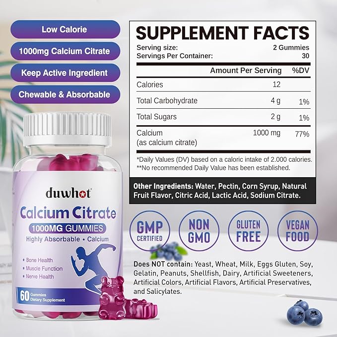 Calcium Citrate Gummies, Chewable Calcium Citrate 1000mg for Bone, Muscle & Immune Support, Ultimate Absorption Calcium Supplements for Women & Men, Blueberry, 60 Chews