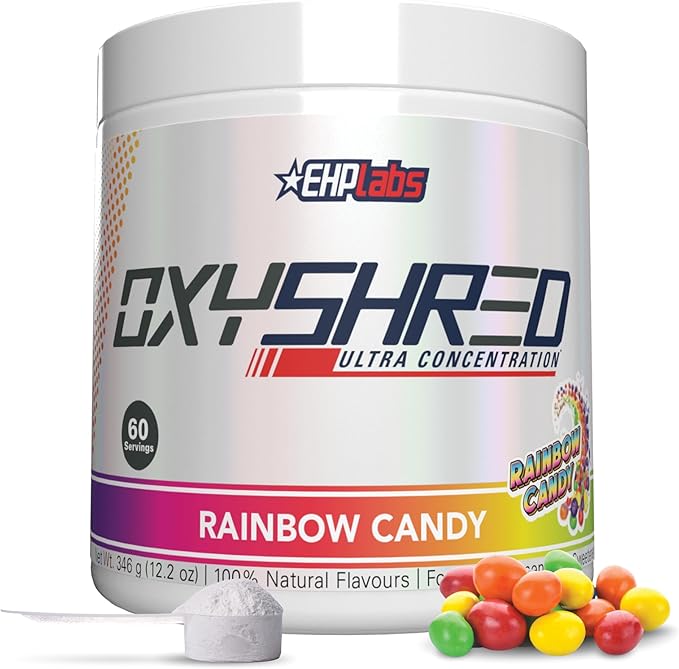 EHP Labs OxyShred Pre Workout Powder - Preworkout Powder with L Glutamine & Acetyl L Carnitine, Energy Boost Drink - Rainbow Candy, 60 Servings