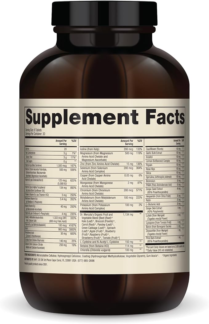 Dr. Mercola Whole-Food Complex with Added Multivitamin Plus Vital Minerals, 30 Servings (240 Tablets), Dietary Supplement, Supports Overall Health