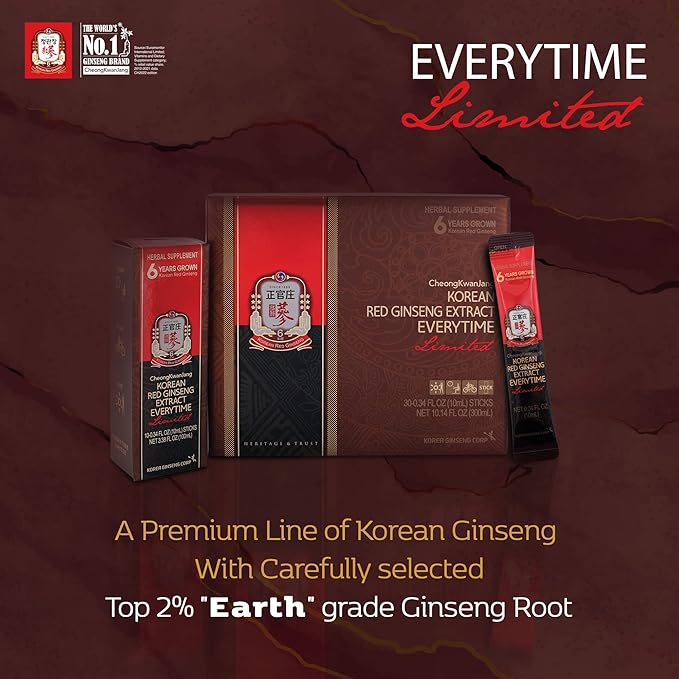 CheongKwanJang Korean Red Ginseng Extract Everytime Limited 3000mg | Premium Sugar Free Energy Supplement, Ginseng Tea, Korean Food, Ginseng Drink | Energy Boost,Stamina | 30 Count