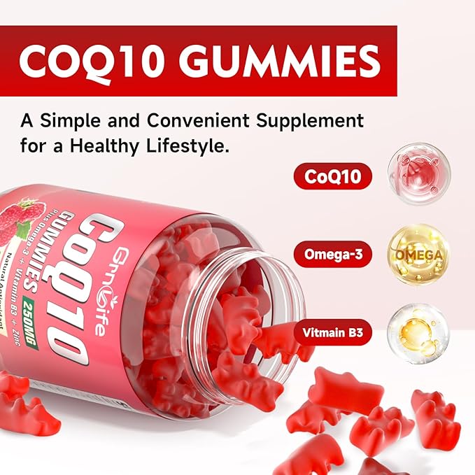 Sugar Free CoQ10 Gummies, CoQ10 250mg, Plus Omega-3, Vitamin B3 & Zinc, High Absorption Coenzyme Q10 Supplements for Cellular Energy, Antioxidant, Raspberry Flavor, 60 Count