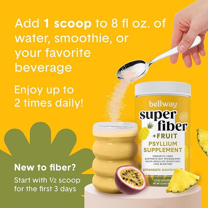 Bellway Super Fiber Powder + Fruit (5 Pack), Sugar Free Organic Psyllium Husk Powder Fiber Supplement for Regularity, Bloating Relief & Gut Health, Plant-Based, Pineapple Passion Fruit (250 Servings)