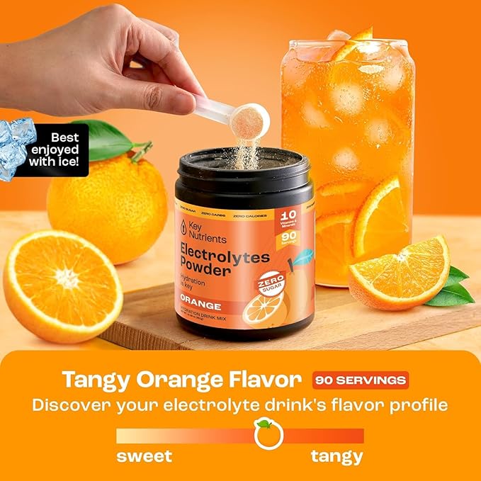 KEY NUTRIENTS Multivitamin Electrolytes Powder No Sugar - Tangy Orange Electrolyte Powder - Endurance & Energy Supplement - Hydration Powder - No Calories - 90 Servings - Made in USA