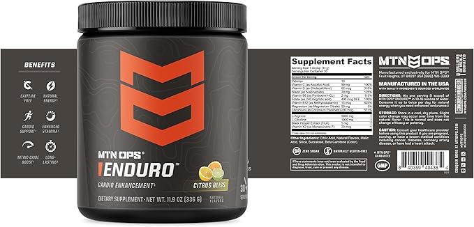 MTN OPS Enduro Nitric Oxide Supplement & Stim-Free Pre Workout - 30 Servings - with Magnesium Citrate, Beet Root Powder, Niacinamide, L Arginine & L Citrulline - Citrus Bliss Flavor