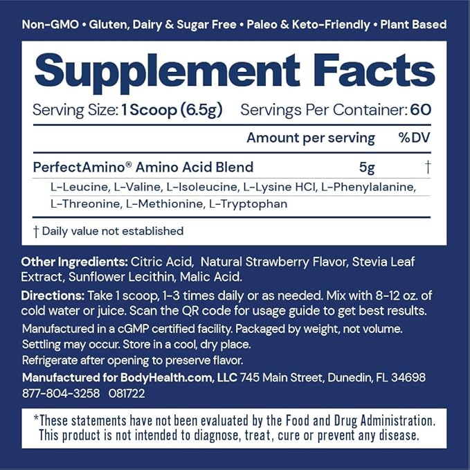 BodyHealth PerfectAmino Powder - BCAA and EAA Powder for Pre and Post Workout - Amino Acid Energy Drink Powder for Men and Women to Support Lean Muscle and Recovery - Strawberry - 60 Servings