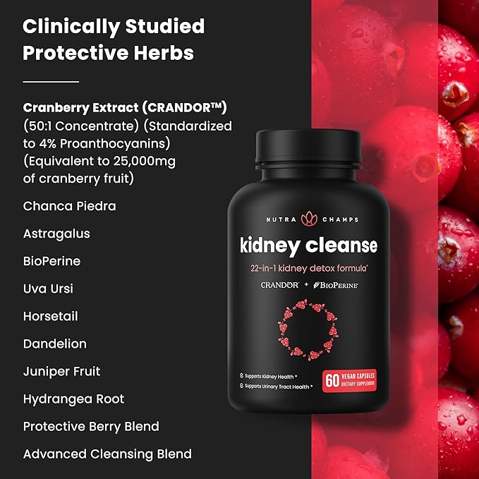 Kidney Cleanse Detox & Repair | 22-In-1 Kidney Health Supplement | Extra Strength 50:1 Cranberry Extract with Bioperine for Increased Absorption | Kidney & Urinary Tract Support & Flush Formula