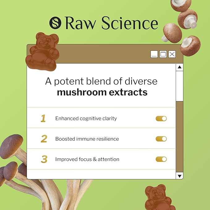 Mushrooms Complex Gummies with Lions Mane, Nootropic Brain Supplements for Memory and Focus: Lion's Mane, Cordyceps, Shiitake, Turkey Tail, Reishi, Chaga, Enoki, Oyster Mushroom Supplement - 60 Units