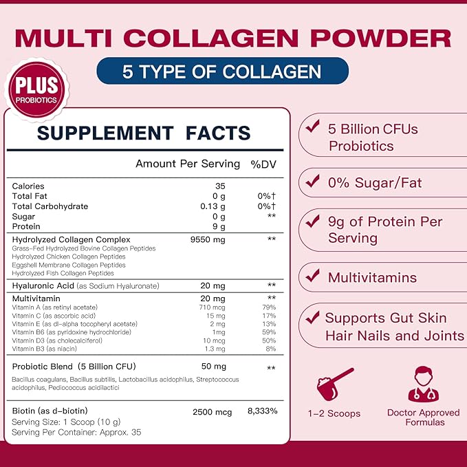 Multi Collagen Powder with 5 Billion CFUs - Hydrolyzed Collagen Peptides with Multivitamins, Hyaluronic Acid & Biotin - Support Skin Hair Nail Joints & Gut