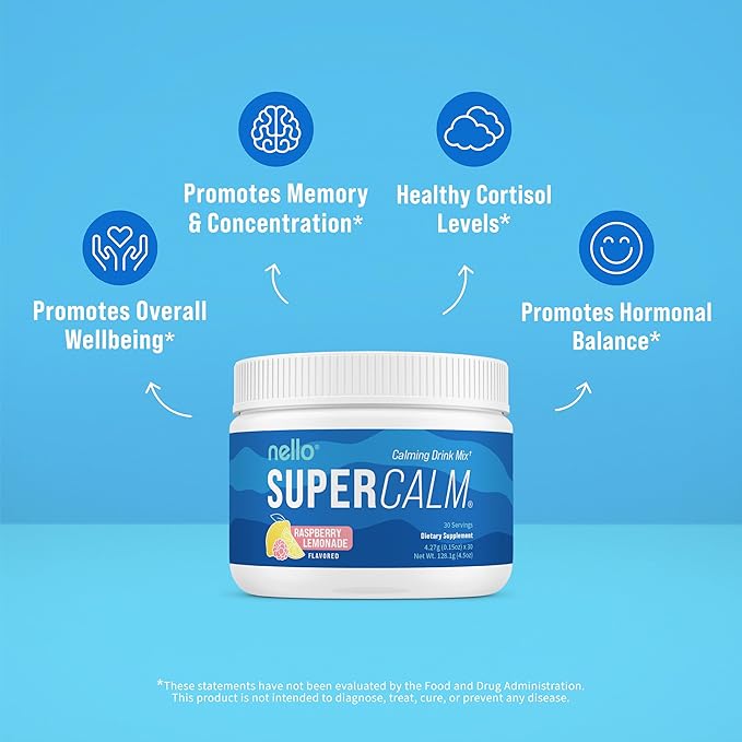 Nello Supercalm Drink Mix - Ashwagandha KSM 66, Magnesium Glycinate, L-Theanine, Vitamin D3 - Ashwagandha Root Extract, Magnesium & L-Theanine Supplement - Focus & Support (30 Servings)
