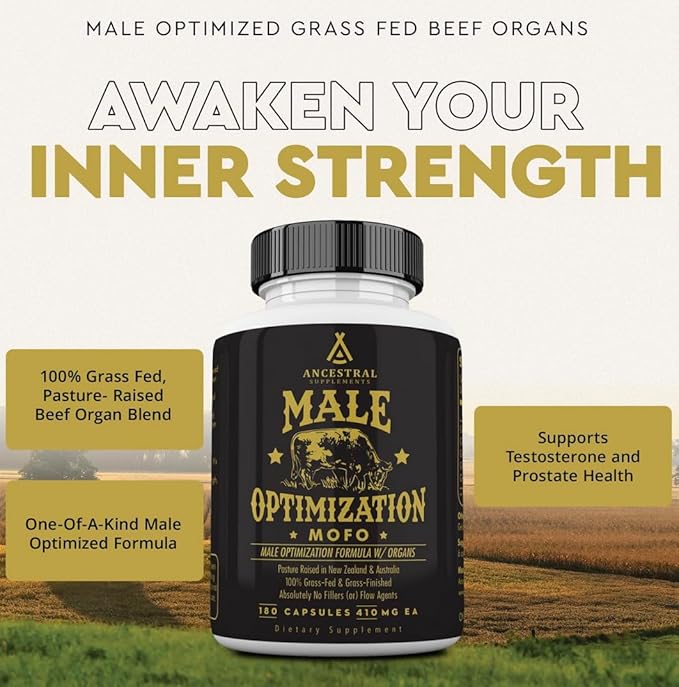 Ancestral Supplements Mofo, Supplements for Men, Support for Test and Energy Levels and Overall Men's Health and Wellness, Non-GMO Grass Fed Beef Organ Supplement with Liver, No Fillers, 180 Capsules