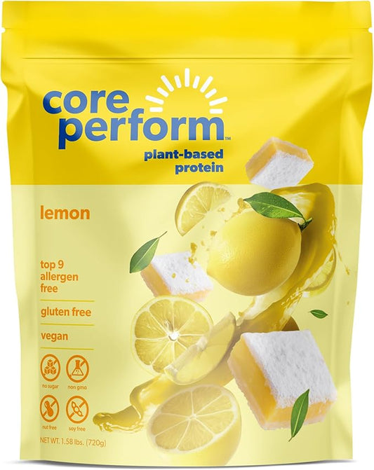 Core Perform's Plant Based Lemon Protein Powder, Low Fodmap, Gluten Free, Non GMO and Vegan, Developed by a Gut Health Registered Dietitian (20 Servings)