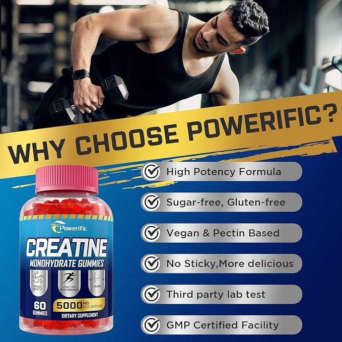 Creatine Monohydrate Gummies for Men & Women, Creatine Pre-Workout Gummies, Taurine&B6, Increase Strength, Energy & Endurance Chewable Creatine Gummy Supplements, 5g Per Serving (5 Packs)