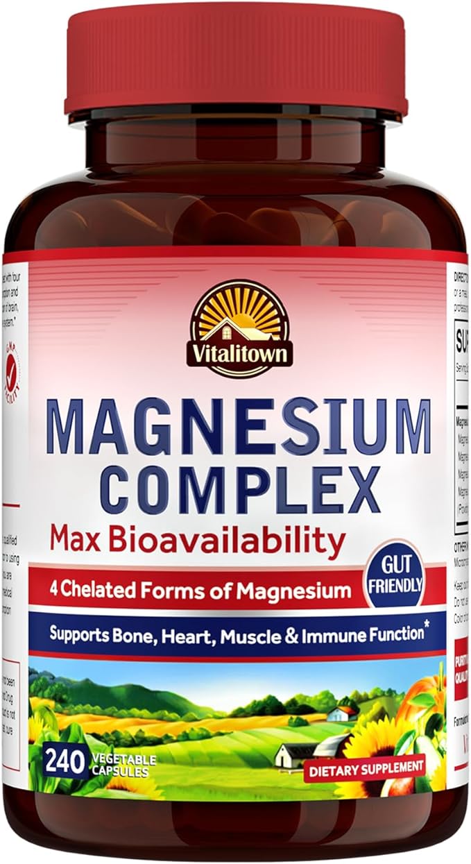 Vitalitown Magnesium Complex Supplement 500mg, Maximized Absorption, Non-Buffered, Chelated Magnesium Glycinate, Malate, Taurate & Citrate, for Sleep, Muscle, Energy & Heart, Vegan, Non-GMO, 240 Caps