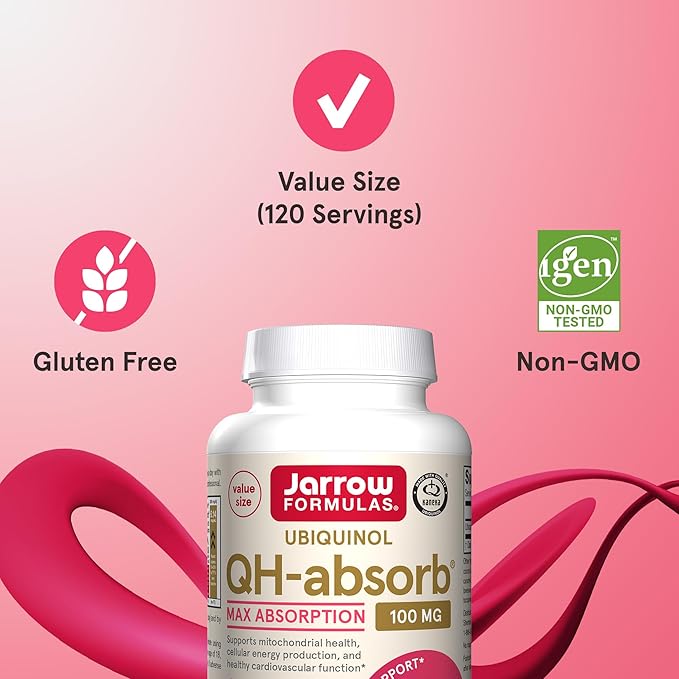 Jarrow Formulas QH-Absorb, 100 mg, Ubiquinol Dietary Supplement for Healthy Cardiovascular Function, 120 Softgels, 120 Day Supply