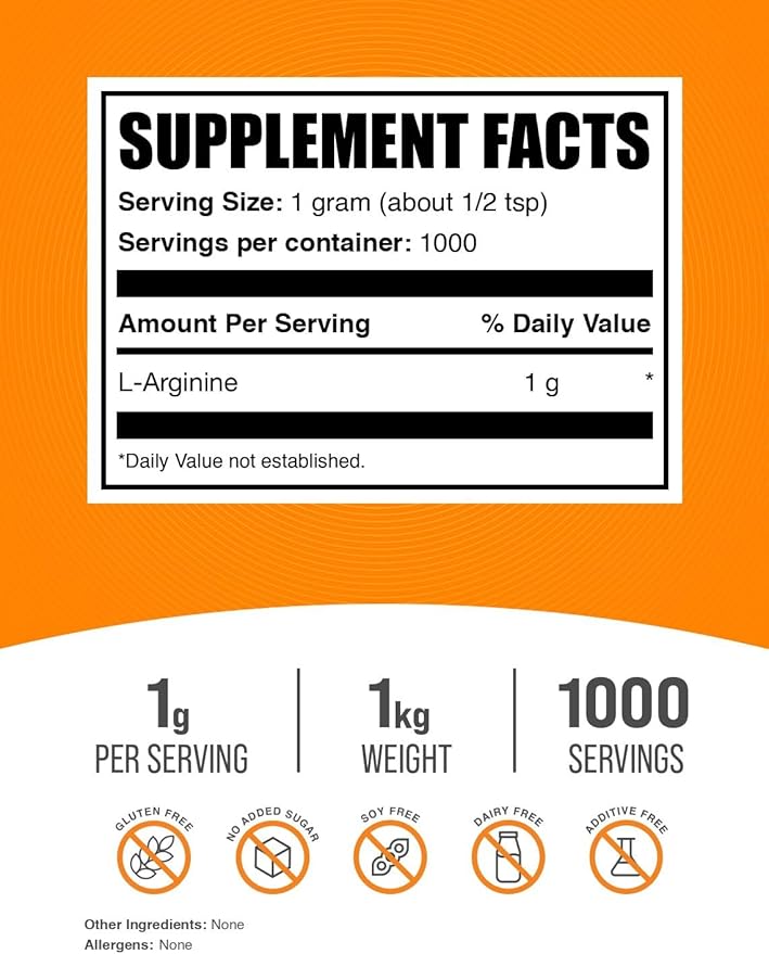 BulkSupplements.com L-Arginine Powder - Arginine 1000mg, Arginine Supplement - Nitric Oxide Supplement, Unflavored & Gluten Free, 1000mg per Serving, 1kg (2.2 lbs) (Pack of 1)