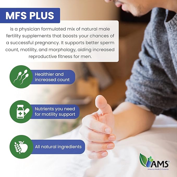 America Medic & Science MFS Plus Fertility Supplements for Men (60 Capsules) Sperm Count Booster, Supports Motility | Natural Preconception Vitamins, Reproductive Aid, with Zinc, CoQ10
