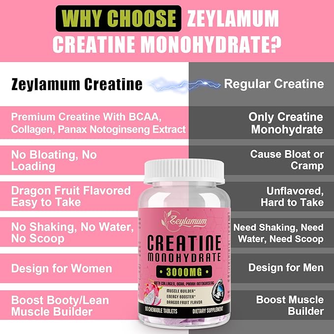 Creatine Monohydrate for Women, Creatine Supplement 3000 MG, with Hydrolyzed Collagen, BCAA, for Muscle Builder & Strength, Energy Boost, Faster recovery, Vegan, Non-GMO, Sugar Free, 30 Servings