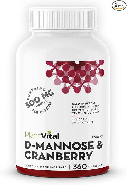 Plantvital D Mannose Capsules with Cranberry - D-mannose 1000mg Capsules - High Potency for Bladder, Kidney and Urinary Tract Support. Cranberry Powder with Hibiscus and Dandelion. 6 Months Supply
