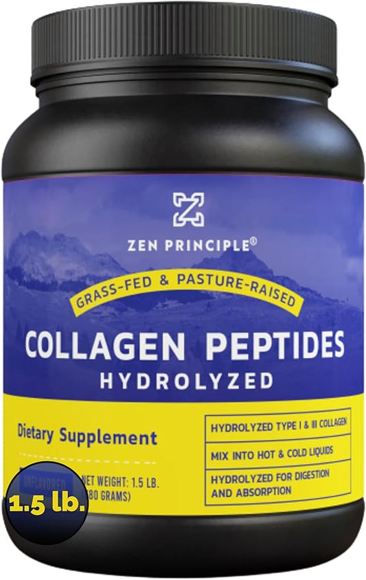 Zen Principle Grass-Fed Collagen Peptides 1.5 lb. Anti-Aging Hydrolyzed Protein Powder for Healthy Hair, Skin, Joints & Nails. Paleo and Keto Friendly, GMO and Gluten Free, Pasture-Raised Bovine.