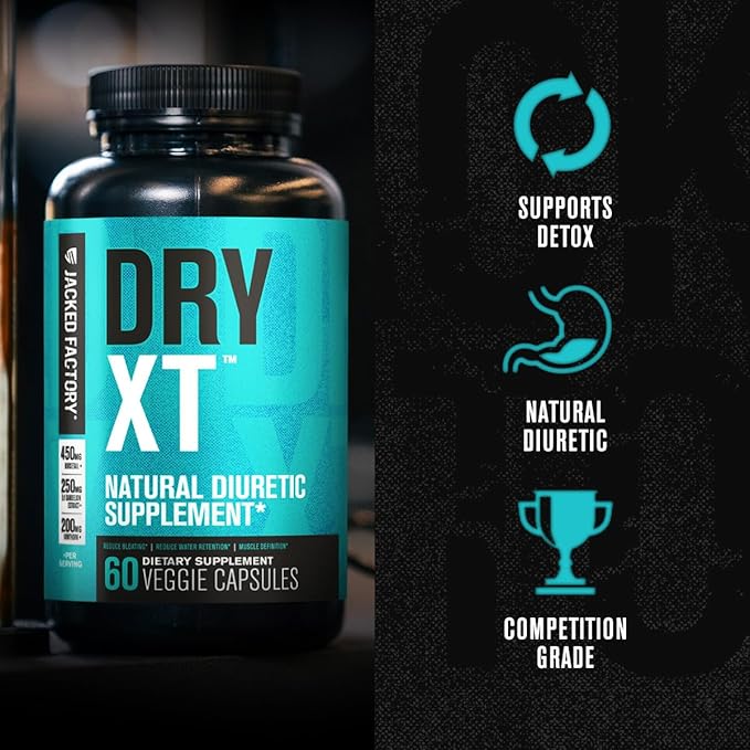 Jacked Factory Dry-XT Diuretic Water Pills - Natural Supplement | Reduces Water Retention & Bloating | Dandelion Root Extract, Potassium, 7 More Powerful Ingredients - 120 Veggie Capsules