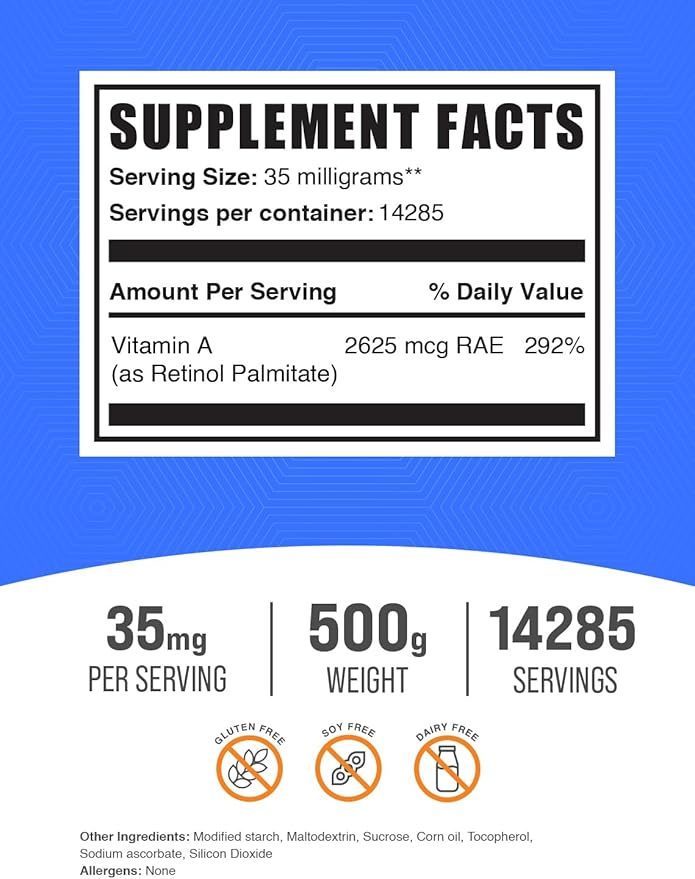 BulkSupplements.com Vitamin A Palmitate Powder - as Retinol Palmitate, Vitamin A Supplement for Immune & Eye Support - Gluten Free, 35mg per Serving, 500g (1.1 lbs) (Pack of 1)
