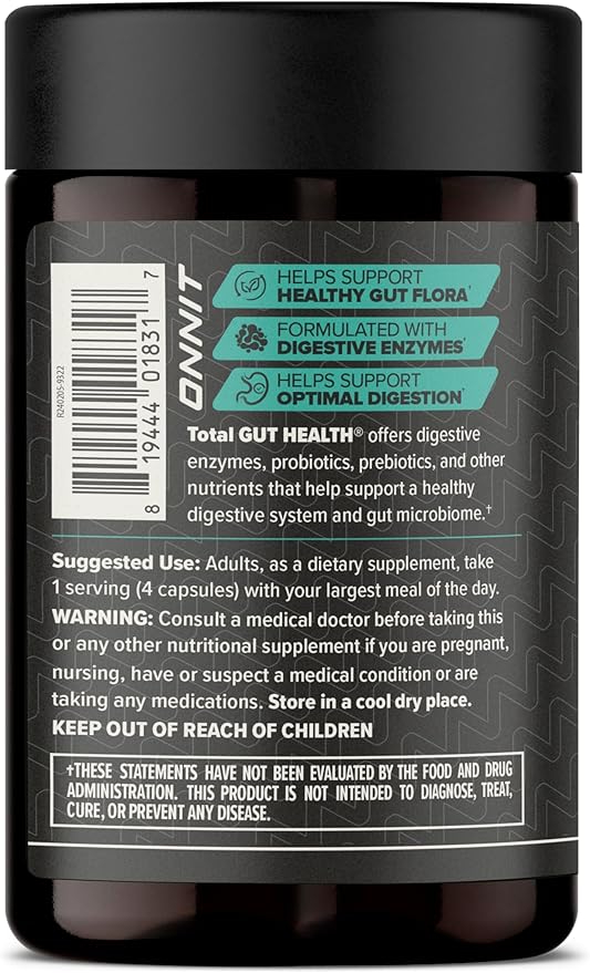 ONNIT Total Gut Health - Complete Daily Probiotics & Digestive Enzyme Supplement for Women & Men - 5 Strains of Probiotics, Prebiotics, Enzymes, Betaine HCL - Capsules - (120ct)