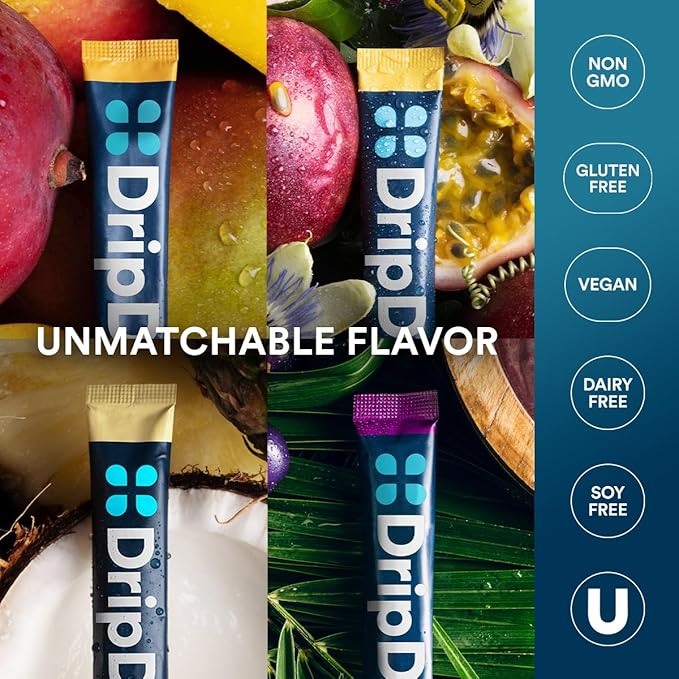 DripDrop Hydration - Tropical Variety Pack - Electrolyte Drink Mix Single Serve Hydration Powder Packets - Mango, Açaí, Passion Fruit, Piña Colada | Non-GMO, Gluten Free, Vegan | 32 Sticks