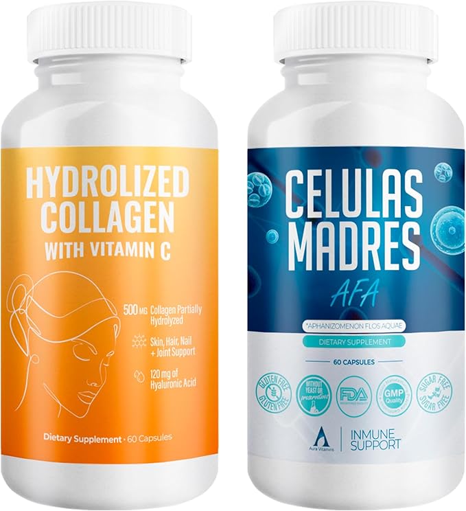 Aura Vitamin Mega Antioxidant Bundle | Hydrolyzed Collagen & AFA Stem Cell | Hydrolyzed Collagen with Vitamin C, Aphanizomenon Flos-Aquae | Celula Madre Skin, Hair and Nail Support – 60 Each Caps (1)