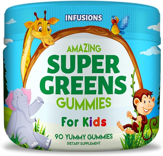 Infusions Super Green Gummies for Kids 90 Count - Superfood Booster Soft and Delicious 8 Powerful Blends Vegan Friendly Gluten Free & Non-GMO