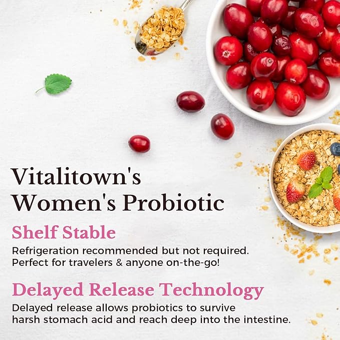 Vitalitown Probiotics for Women 120 Billion CFUs, 30 Strains, with Prebiotics & Digestive Enzymes & Cranberry, Gut & Vaginal Health, Vegan 30 Delayed Release Caps