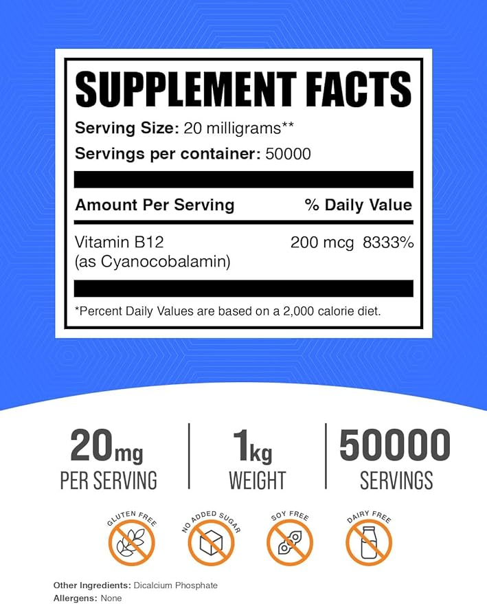 BulkSupplements.com Vitamin B12 Powder - as Cyanocobalamin, Vitamin B Supplement, Vitamin B12 200 mcg - Essential Vitamin, Gluten Free, 20mg per Serving, 1kg (2.2 lbs) (Pack of 1)