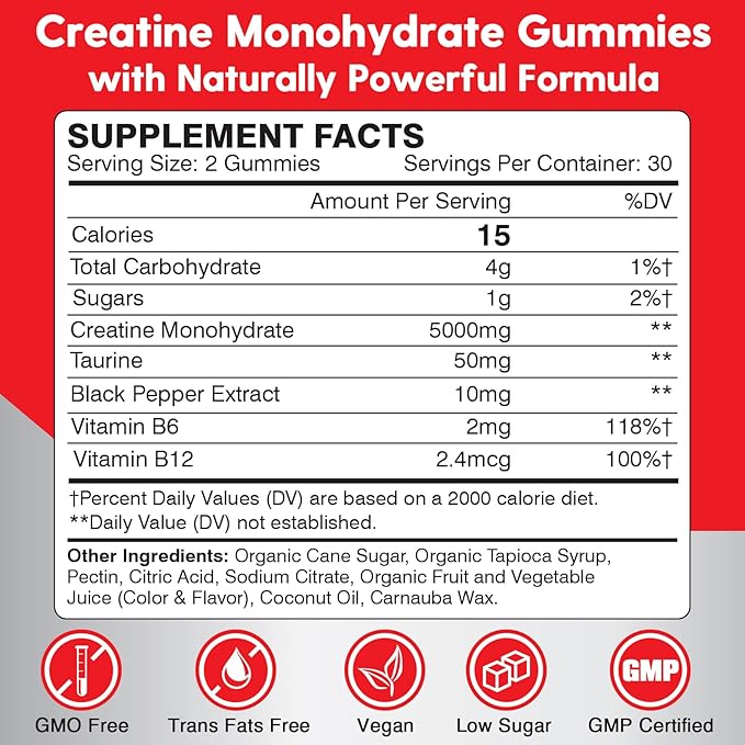 Creatine Monohydrate Gummies for Men & Women - 5000mg Creatine Pre-Workout Gummies with Taurine & Vitamin B6 B12 for Maximum Strength, Muscle, Energy, Endurance & Focus, Organic,Vegan-120 Count