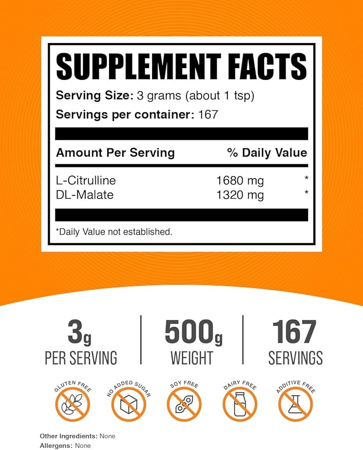 BulkSupplements.com L-Citrulline Malate 1:1 Powder - Citrulline Malate Powder, Citrulline Supplement - Unflavored & Gluten Free - 3g per Servings, 500g (1.1 lbs) (Pack of 1)