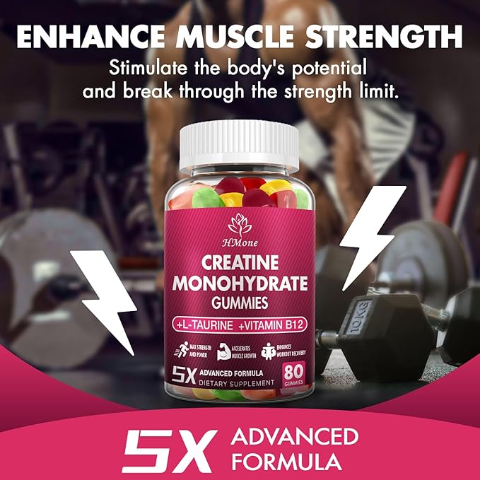 Creatine Monohydrate Gummies - 5g for Men & Women, 160 Count and Creatine Chewable Supplements for Muscle Gain, Muscle Strength, Energy Boost, and Muscle Builder, Sugar Free, Vegan