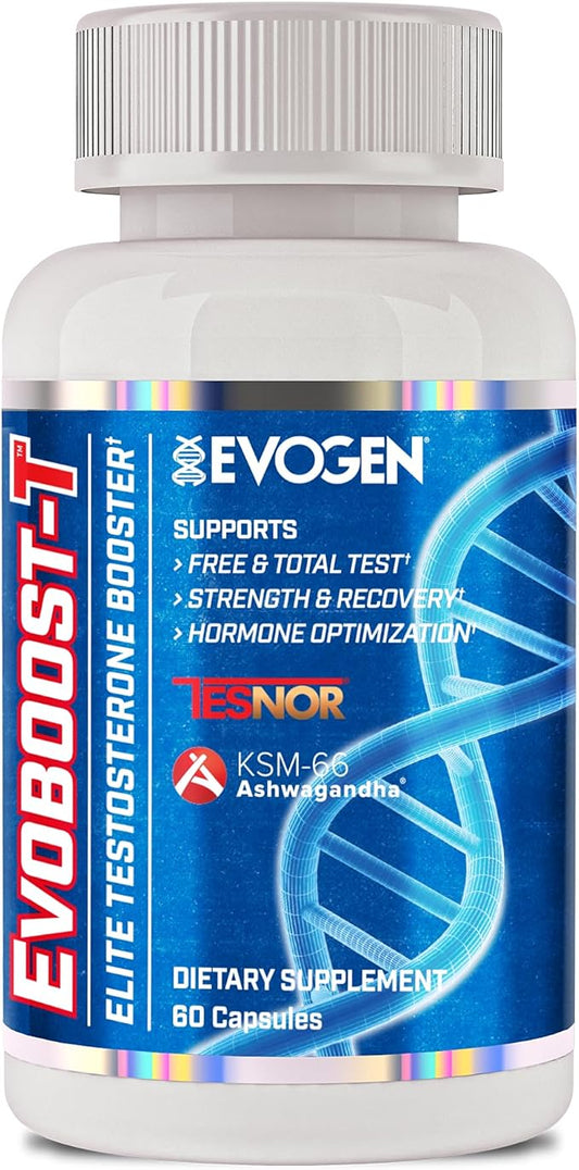 Evogen Evoboost-T - Elite Testosterone Booster for Men | Testosterone Supplement for Men Supporting Free & Total Testosterone, Strength, & Hormone Optimization | Ashwagandha, Tesnor, DIM | 60 Capsules