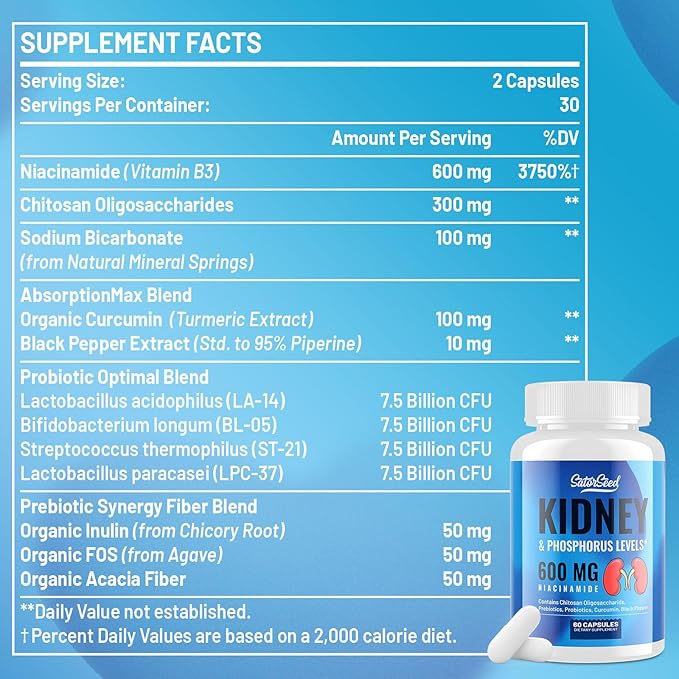 Kidney Support Supplement Cleanse Detox Kidney Chitosan Oligosaccharides Supplement Niacinamide 600mg, Kidney & Phosphorus Levels, Prebiotics & Probiotics, Curcumin & Black Pepper - 60 Capsules