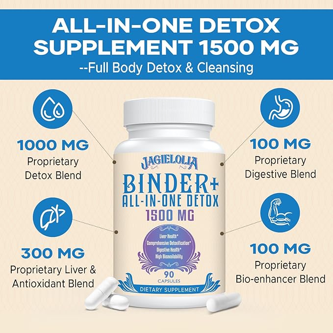 All-In-One Detox Binder Supplement 1500 MG - High Bioavailability, Liver Gut Detox Cleanse with Activated Charcoal, Zeolite & Bentonite Clay for Toxins, Liver, Digestive, 720 Vegan Capsules