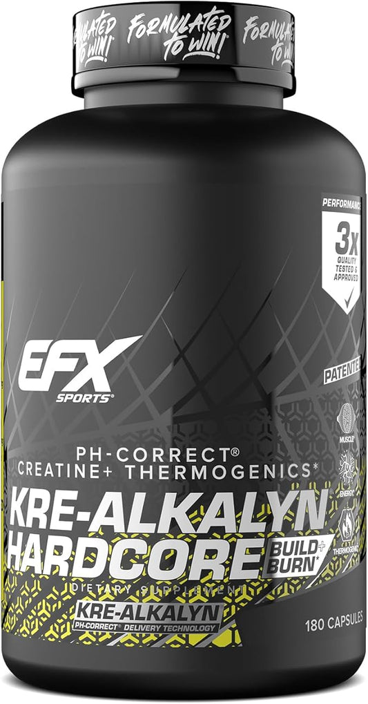 EFX Sports Kre-Alkalyn Hardcore | Thermogenic pH Correct Creatine Monohydrate Pill Supplement | Energy & Strength Pre Workout | 60 Servings, 180 Capsules