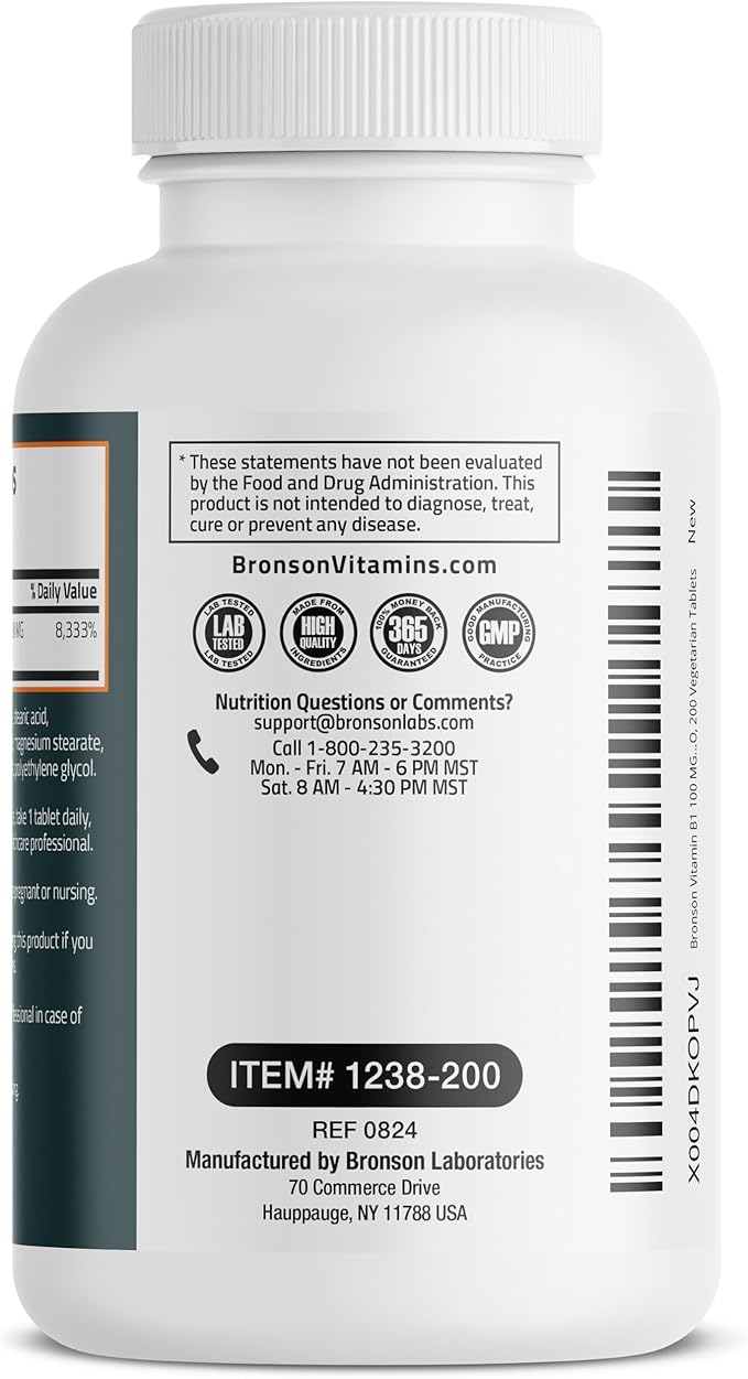 Bronson Vitamin B1 100 MG, Non-GMO, 200 Vegetarian Tablets