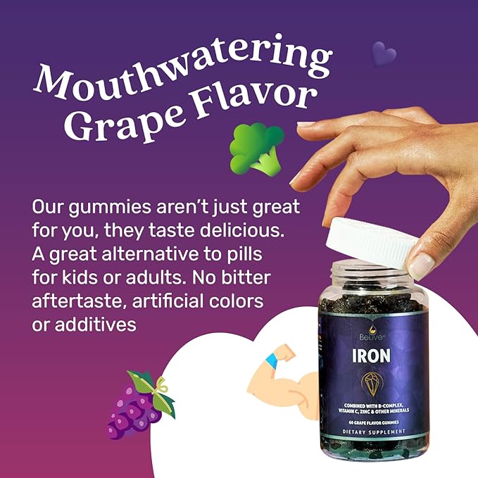 BeLive Iron Gummies - Multivitamin with Iron, Vitamins & Zinc for Blood Oxygen - Grape Flavor, Vegan Supplement for Women, Men & Kids