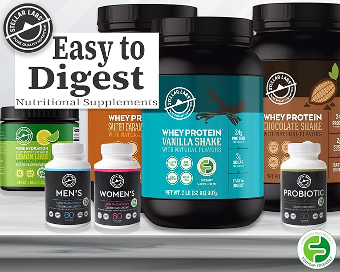 Stellar Labs Whey Protein Powder with BCAA's & Whey Isolate | Certified Low FODMAP, Non GMO, Gluten Free, Low Carb, Keto, with Stevia | All Natural Lean Post Workout Shakes | Chocolate