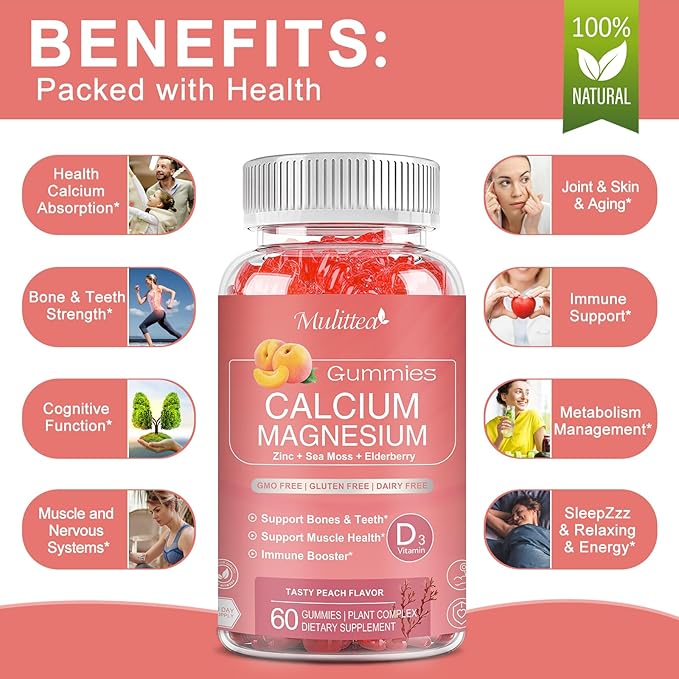 1200mg Calcium Gummies with D3,K2,Zinc - Plant Complex Calcium Magnesium Supplement with Glycinate,Potassium,Vitamin C &Whole Natural Food for Bone & Immune Support- 120 Chewable Gummy Sugar-Free
