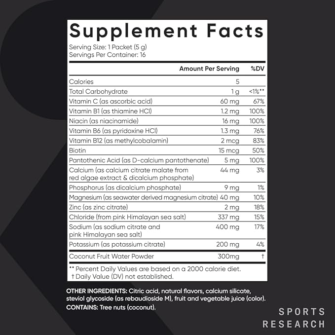 Sports Research Hydrate Electrolytes Powder Packets - Sugar-Free & Naturally Flavored with Vitamins, Minerals, and Coconut Water - Supports Hydration - 16 Packets - Passion Fruit