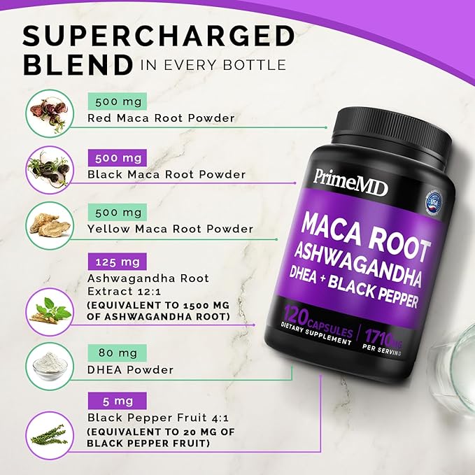 6-in-1 Organic Maca Root & Ashwagandha Capsules 1710mg w/DHEA & Black Pepper Fruit Extract - Maca Root Capsules for Women & Men - Energy, Mood, and Bone Support Supplement, 240 Capsules (2 Pack)