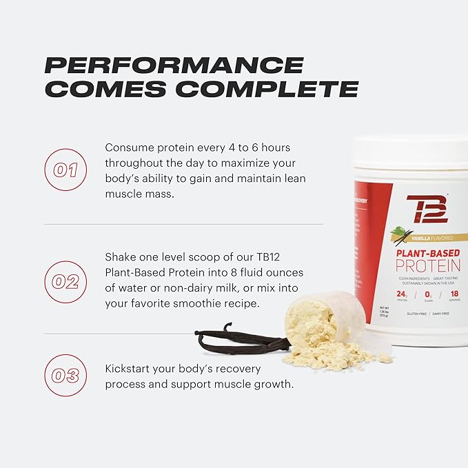 TB12 Plant Based Protein Powder by Tom Brady, 24g of Vegan Pea Protein, Low Sugar, Low Carb, Non-GMO, Meal Replacement, Keto Friendly, Paleo, Sugar Free, Vanilla Flavor (1.12 Ounce, Pack of 12)